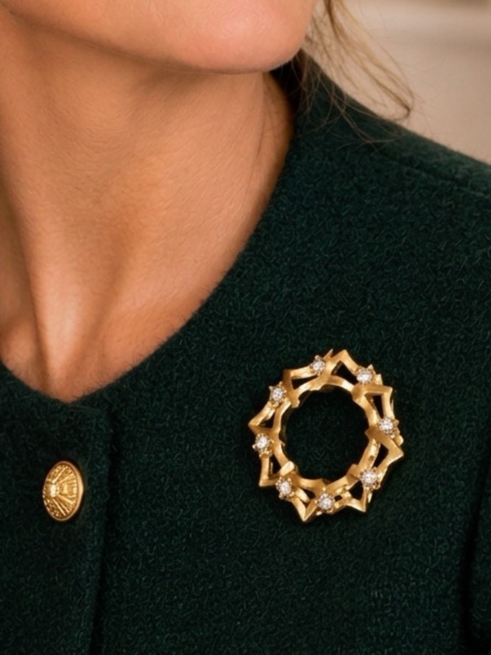 Monet Vintage Wreath Brooch Pin Gold Rhinestone Holiday